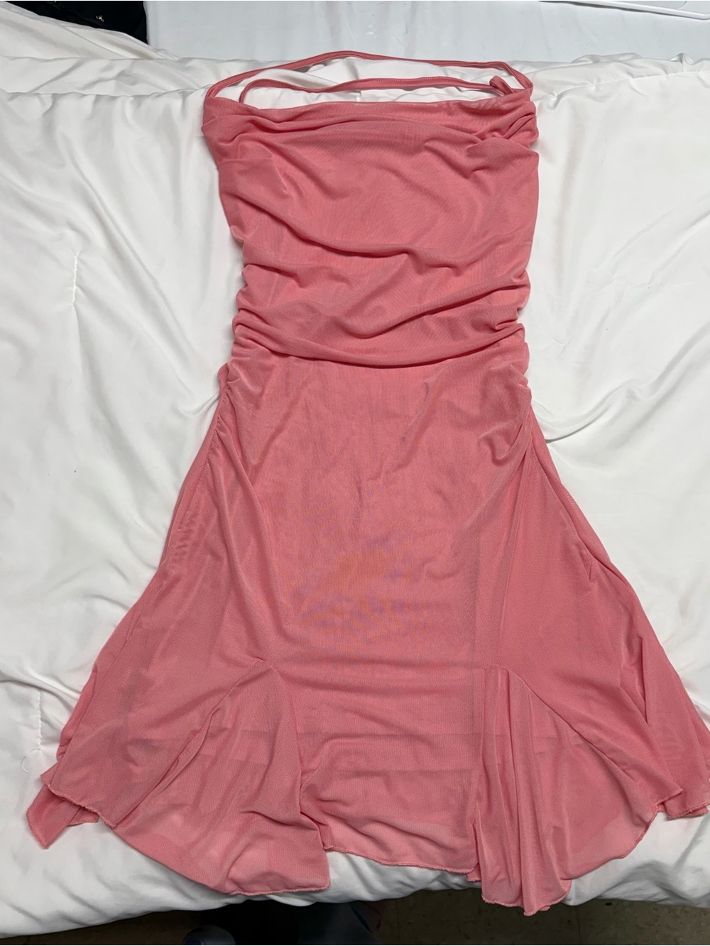 Strapless Coral Pink Ruched Fit-and-Flare Dress